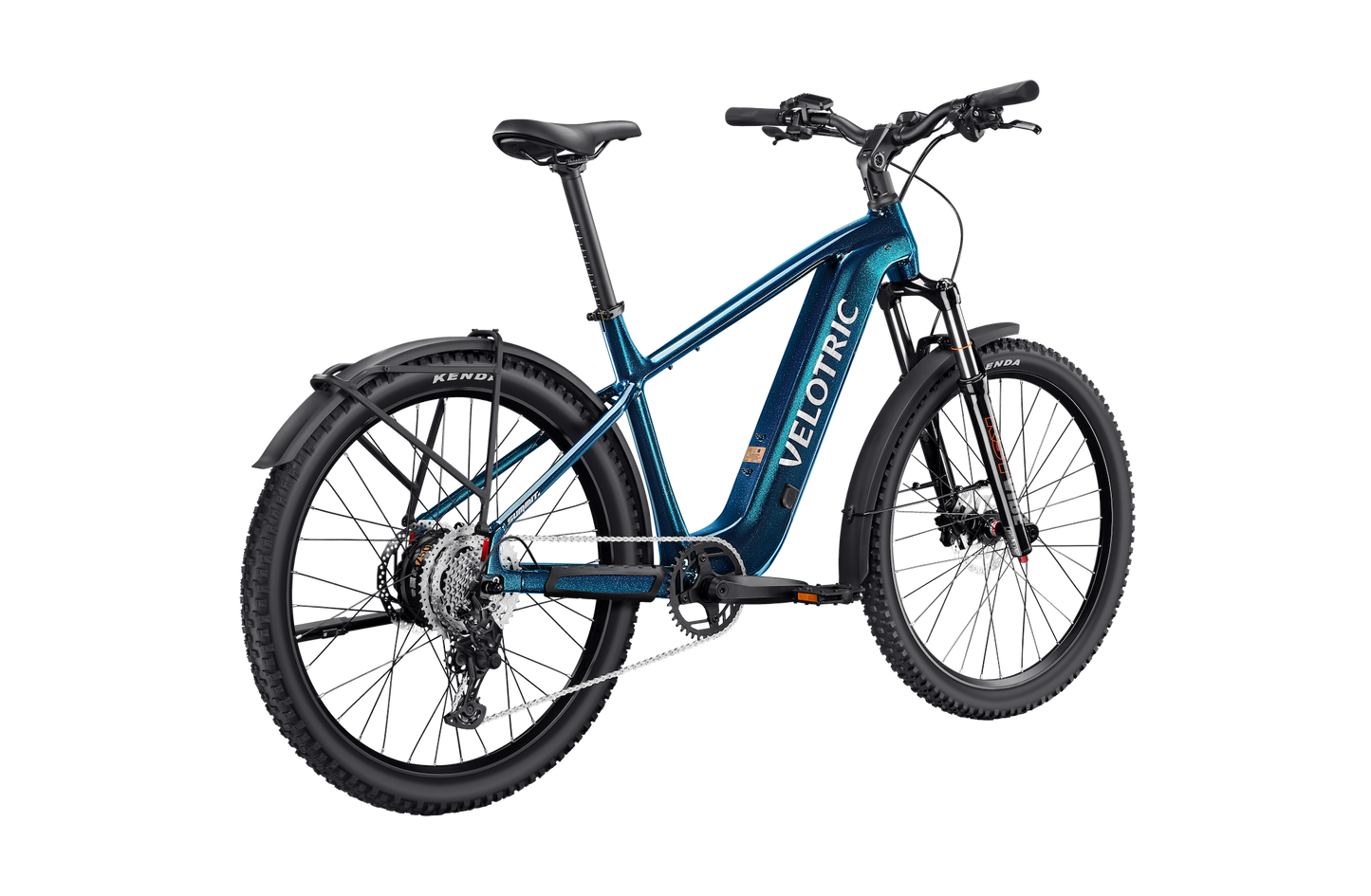 Velotric Summit 2 Ocean Blue e-bike posterior view showing rear rack and fender — JACS e-Bikes Minnesota