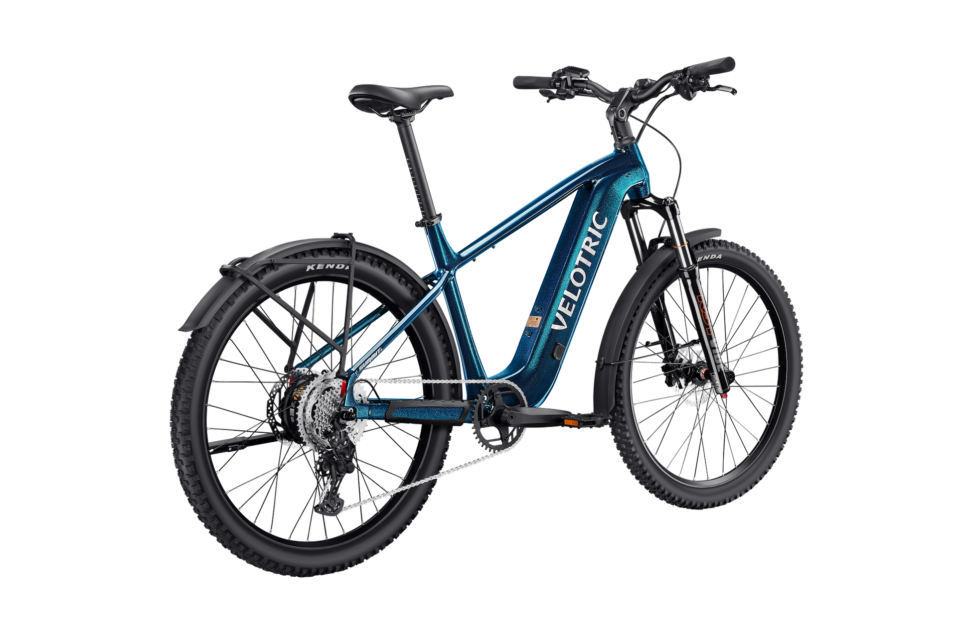 Velotric Summit 2 Ocean Blue e-bike posterior view showing rear rack and fender — JACS e-Bikes Minnesota