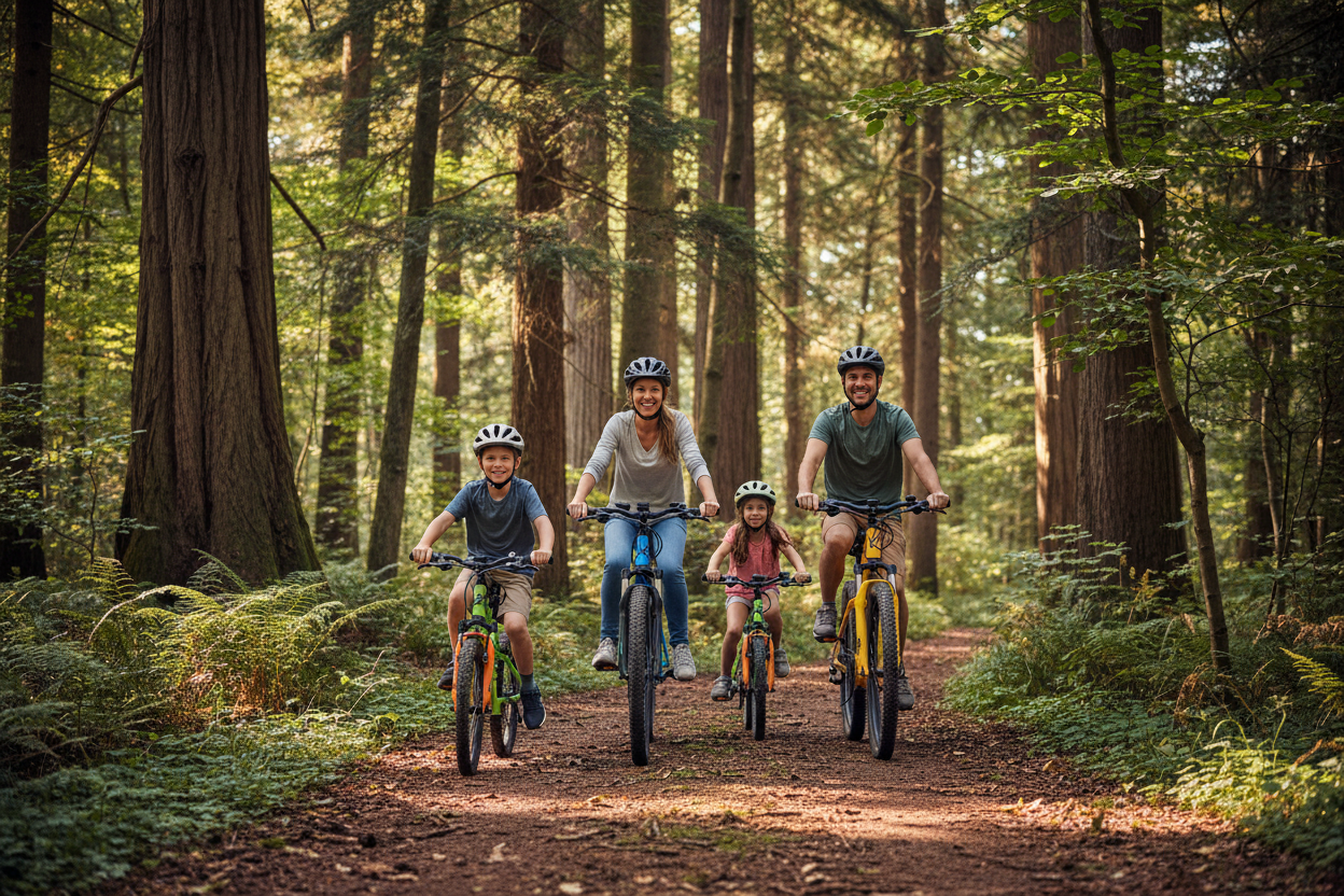 Family riding e-bikes in the woods - realistic photo